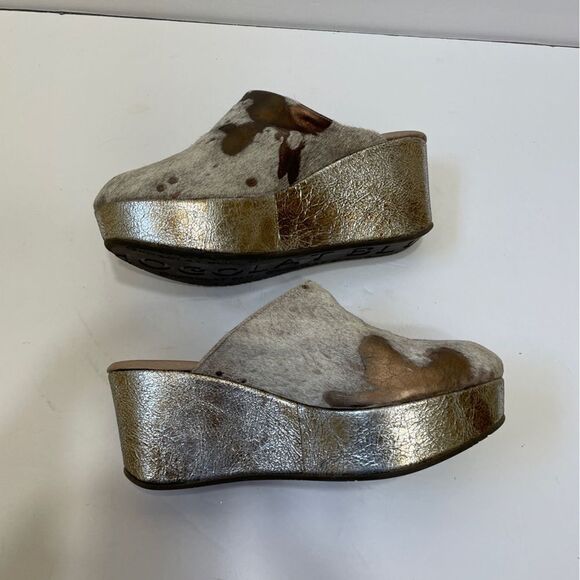 NEW WITHOUT TAGS CHOCOLAT BLU YOMA BRONZE CALF HAIR LEATHER PLATFORM CLOGS. - Picture 7 of 9
